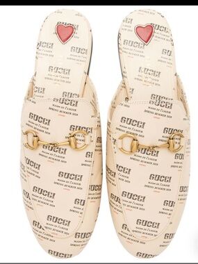 Gucci PRINCETON Cream Logo-Print Leather Horsebit Mules, Size 38